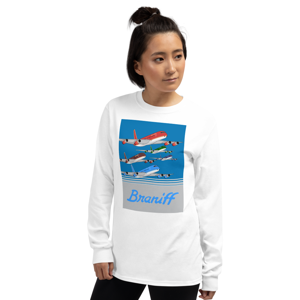 Long Sleeve Shirt by Gildan Men's Women's  Braniff McDonnell Douglas DC-8-62 1978 Ultra Color Scheme