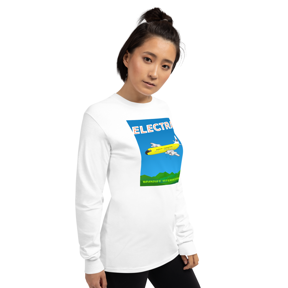 Long Sleeve Shirt by Gildan Men's Women's Braniff Lockheed L-188 Electra 1967 Solid Color Scheme
