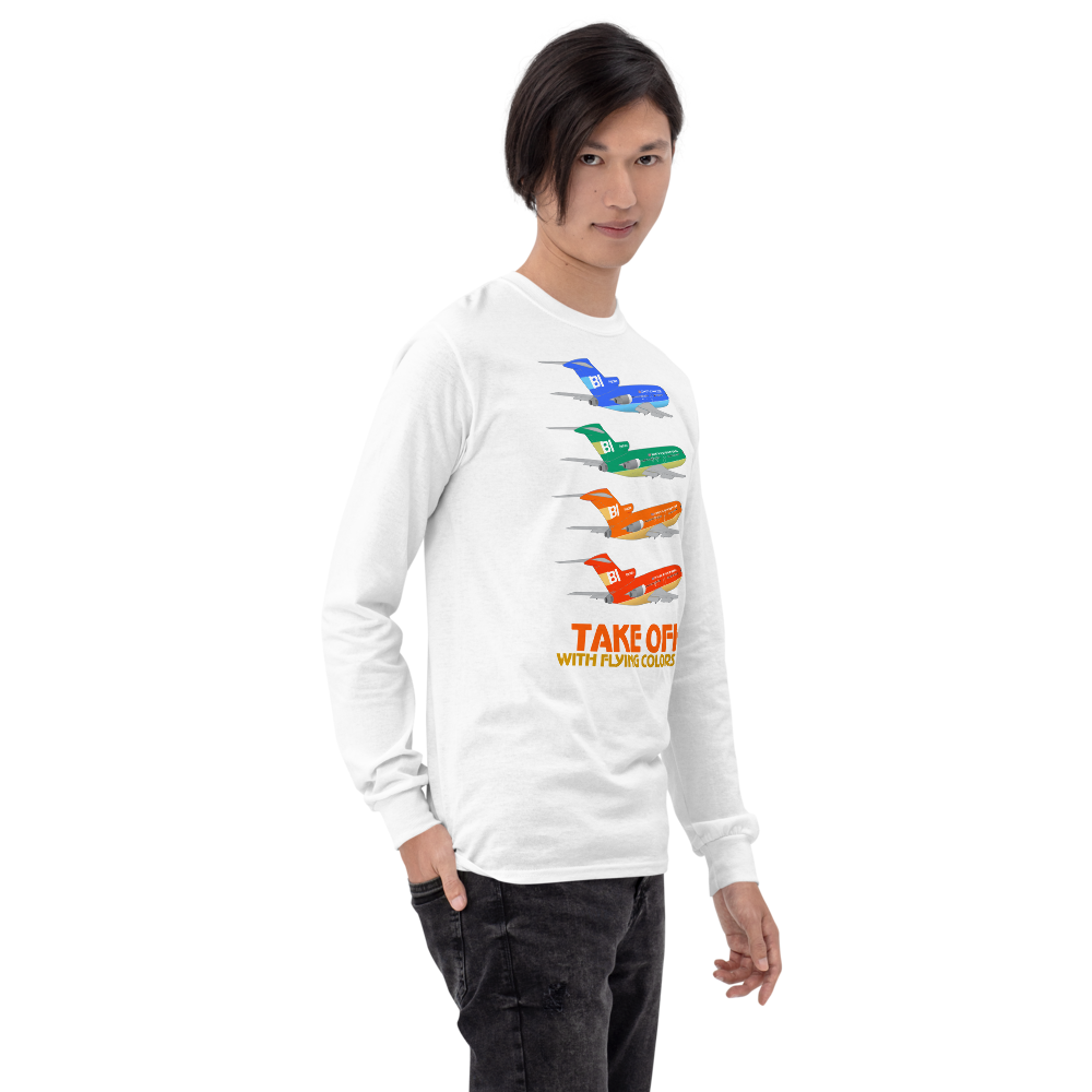 Long Sleeve Shirt by Gildan Men's Women's Braniff Boeing 727 Takeoff with Flying Colors 1971 Two Tone