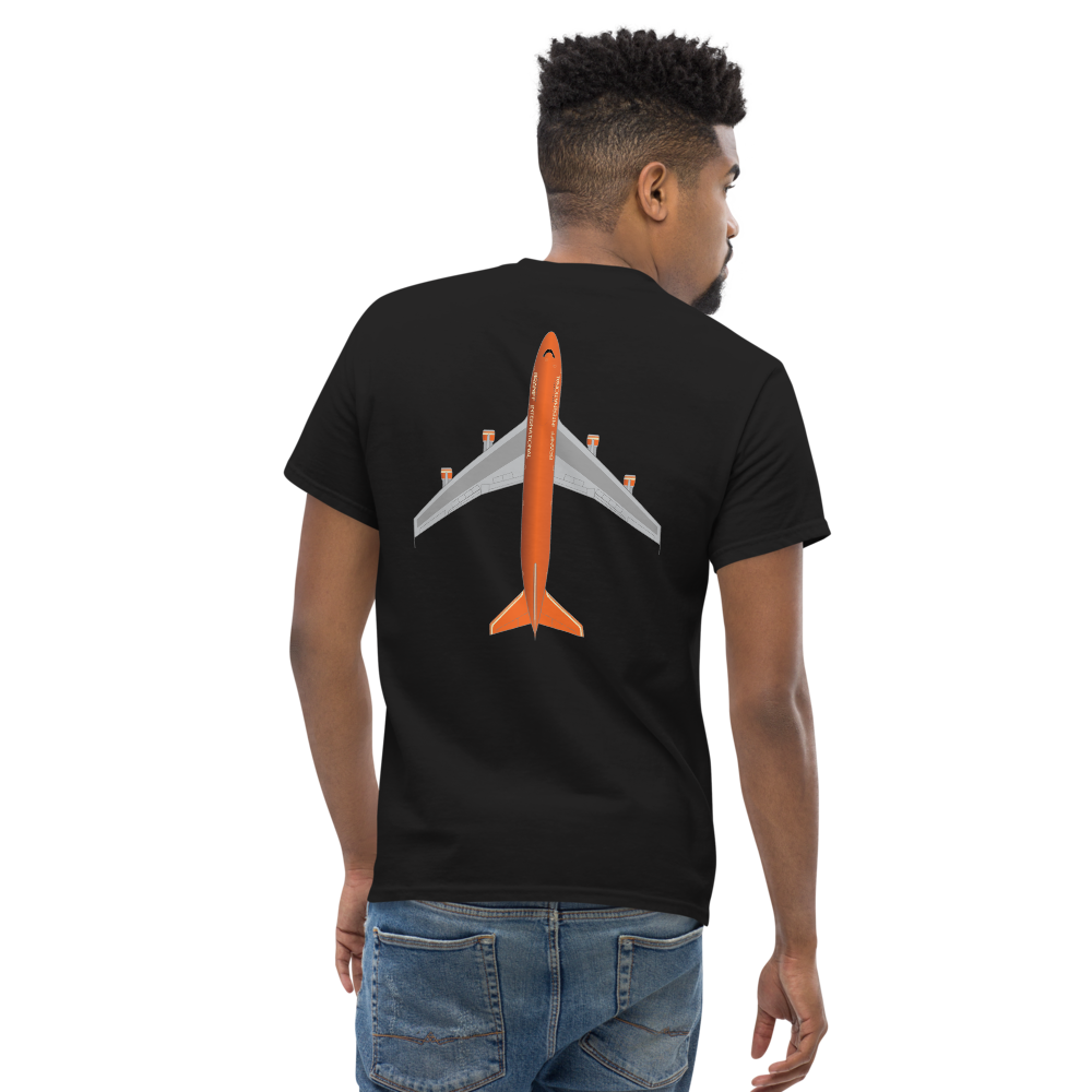 T-Shirt Shirt Short Sleeve by Gildan Men's Women's Braniff Boeing 747 Crew Logo with Jumbo Jet on Shirt Back