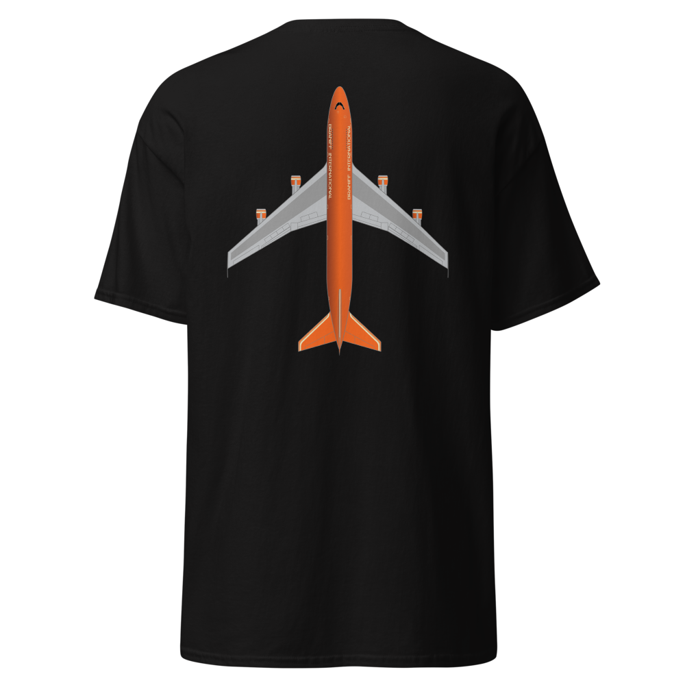 T-Shirt Shirt Short Sleeve by Gildan Men's Women's Braniff Boeing 747 Crew Logo with Jumbo Jet on Shirt Back