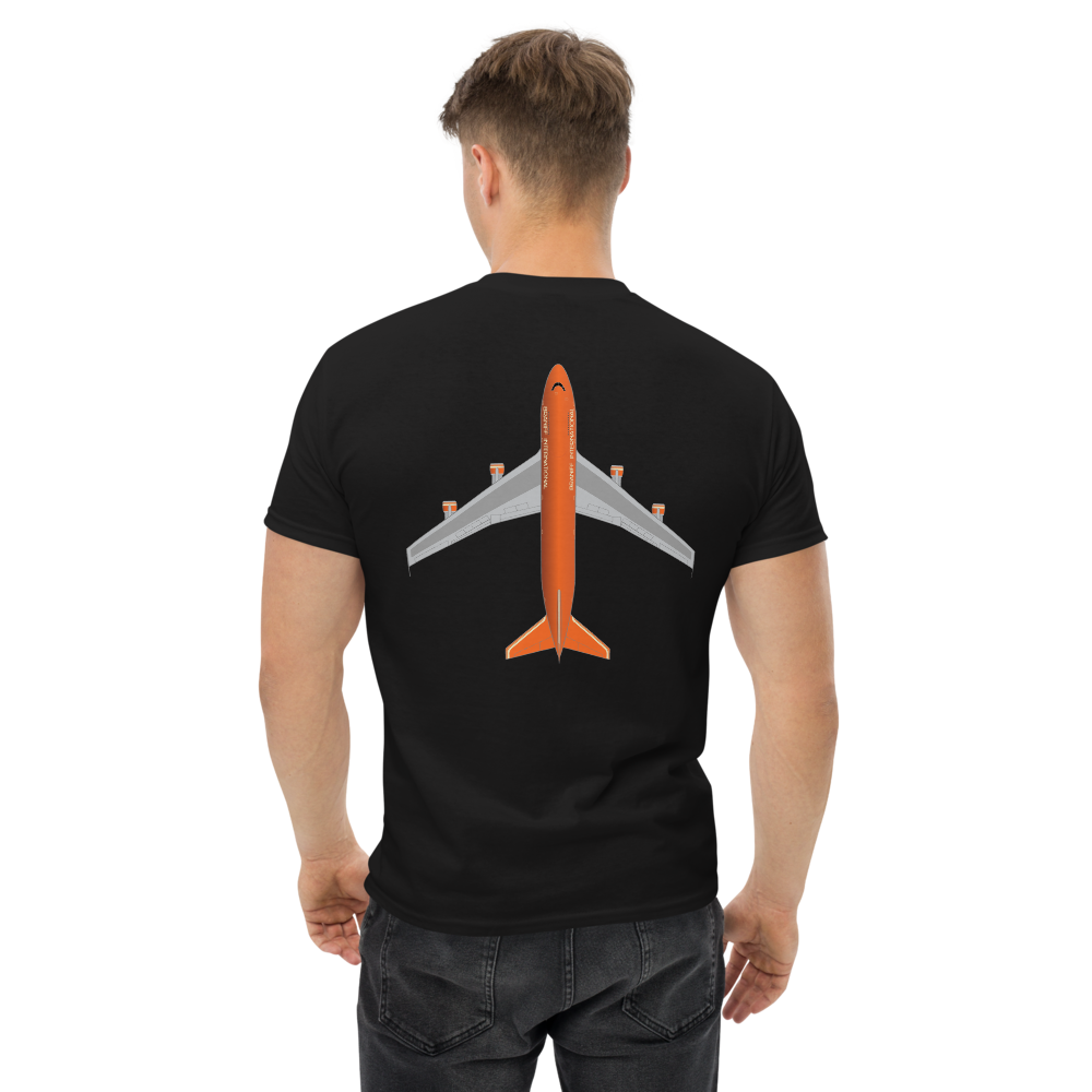 T-Shirt Shirt Short Sleeve by Gildan Men's Women's Braniff Boeing 747 Crew Logo with Jumbo Jet on Shirt Back