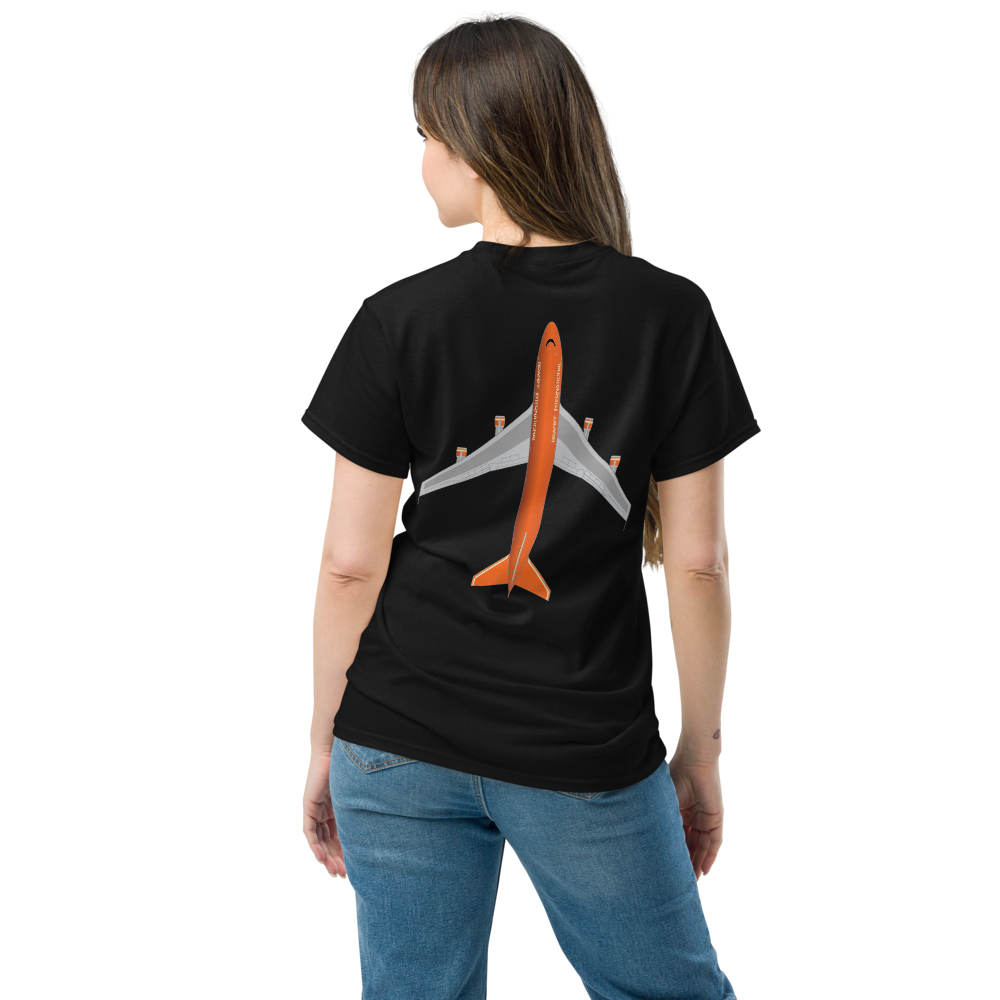 T-Shirt Shirt Short Sleeve by Gildan Men's Women's Braniff Boeing 747 Crew Logo with Jumbo Jet on Shirt Back