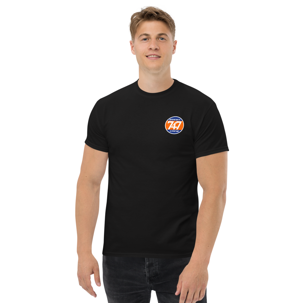 T-Shirt Shirt Short Sleeve by Gildan Men's Women's Braniff Boeing 747 Crew Logo with Jumbo Jet on Shirt Back