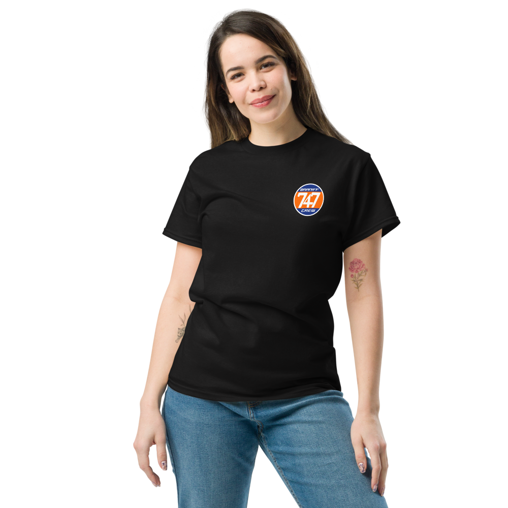 T-Shirt Shirt Short Sleeve by Gildan Men's Women's Braniff Boeing 747 Crew Logo with Jumbo Jet on Shirt Back