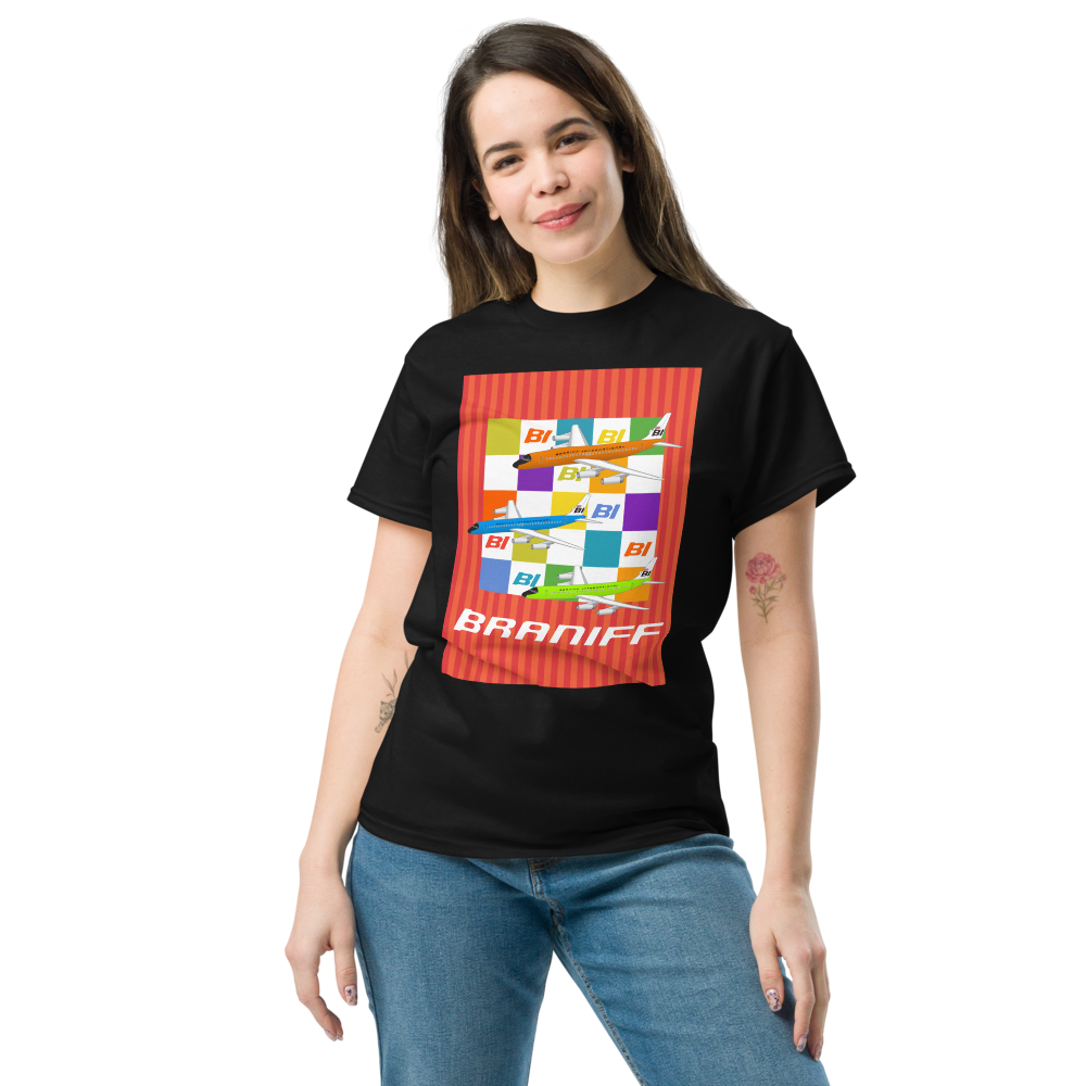 T-Shirt Shirt Short Sleeve by Gildan Unisex Braniff McDonnell Douglas DC-8-62 1967 Solid Color Scheme