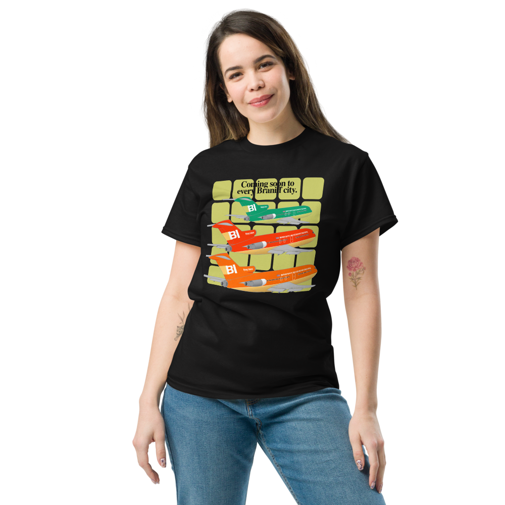 T-Shirt Shirt Short Sleeve Gildan Men's Women's Braniff Boeing 727 Coming Soon