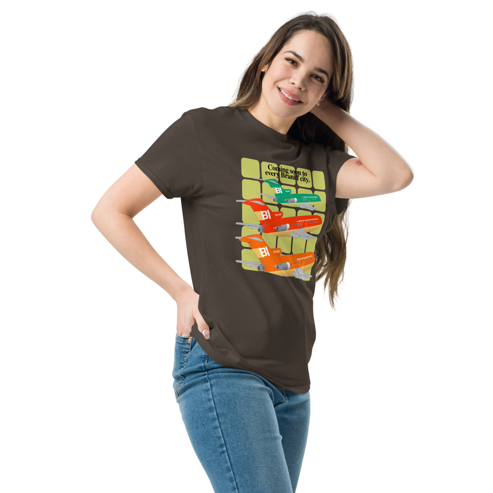 T-Shirt Shirt Short Sleeve Gildan Men's Women's Braniff Boeing 727 Coming Soon