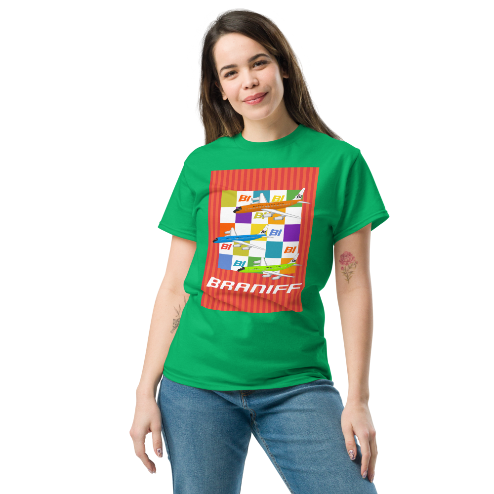 T-Shirt Shirt Short Sleeve by Gildan Unisex Braniff McDonnell Douglas DC-8-62 1967 Solid Color Scheme