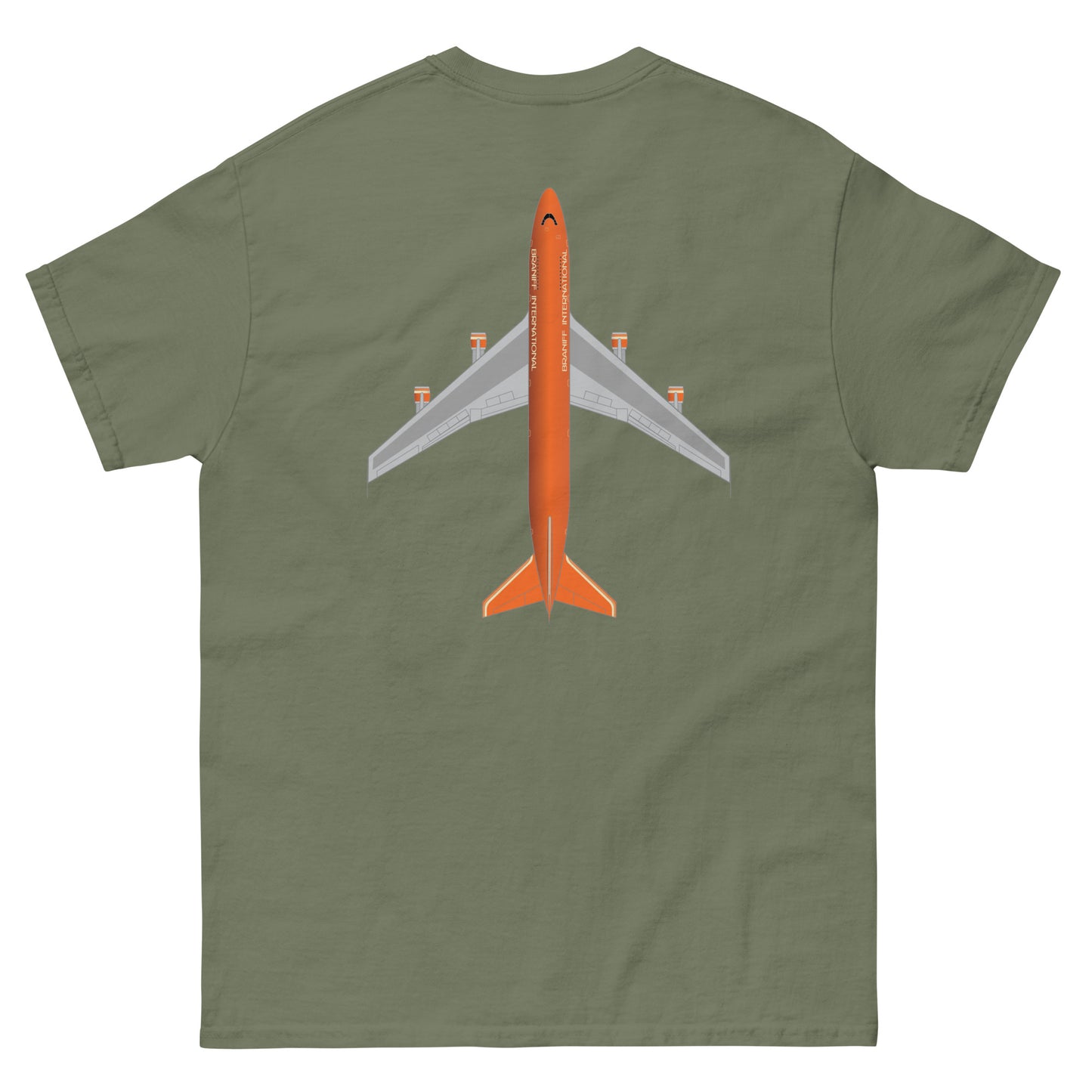 T-Shirt Shirt Short Sleeve by Gildan Men's Women's Braniff Boeing 747 Crew Logo with Jumbo Jet on Shirt Back