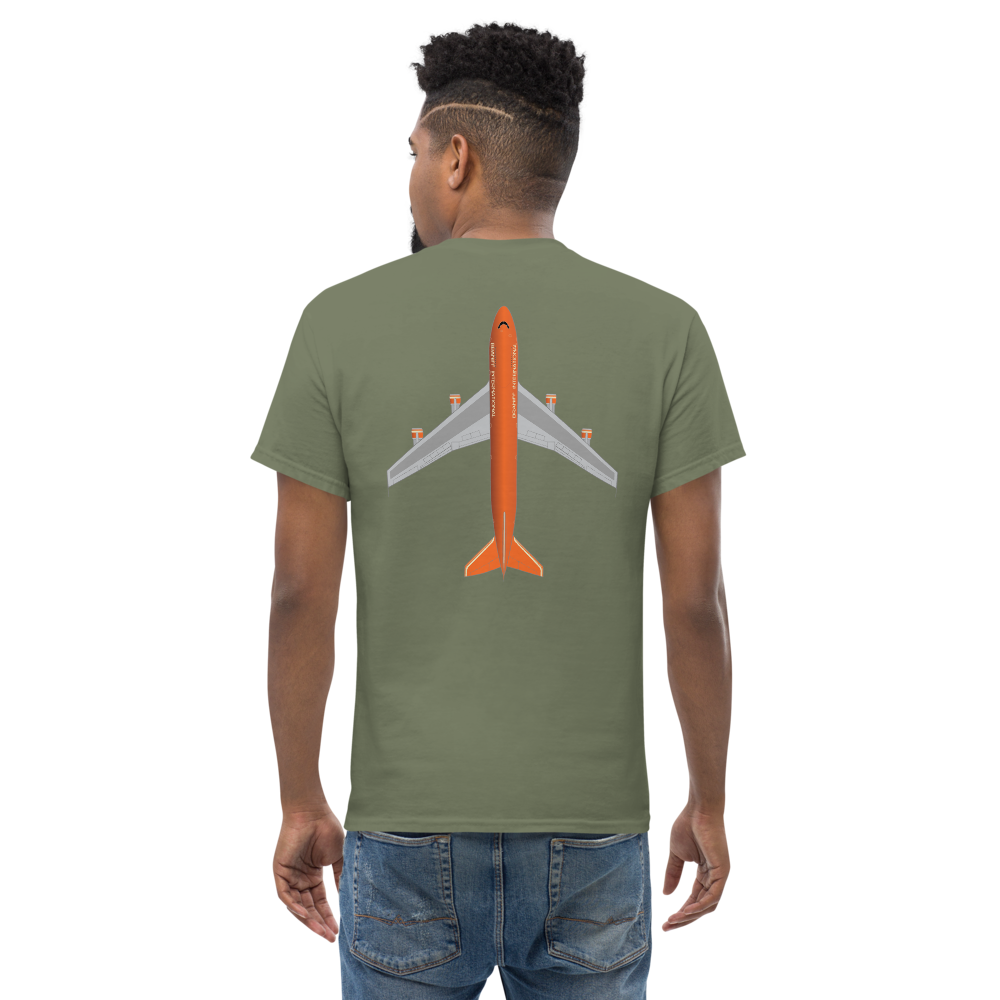 T-Shirt Shirt Short Sleeve by Gildan Men's Women's Braniff Boeing 747 Crew Logo with Jumbo Jet on Shirt Back
