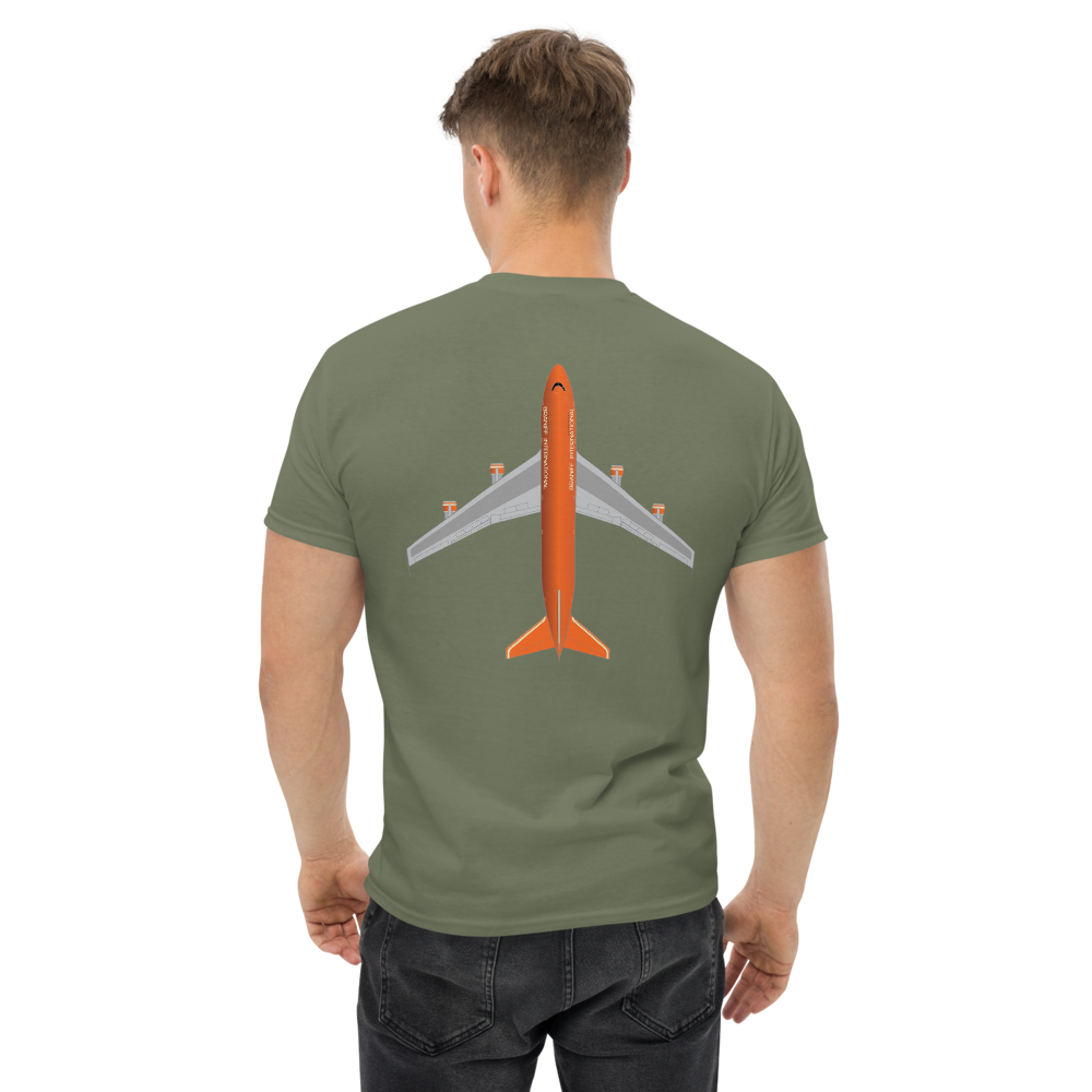 T-Shirt Shirt Short Sleeve by Gildan Men's Women's Braniff Boeing 747 Crew Logo with Jumbo Jet on Shirt Back