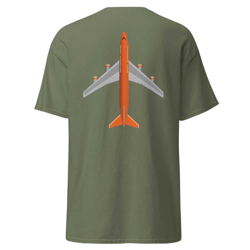 T-Shirt Shirt Short Sleeve by Gildan Men's Women's Braniff Boeing 747 Crew Logo with Jumbo Jet on Shirt Back
