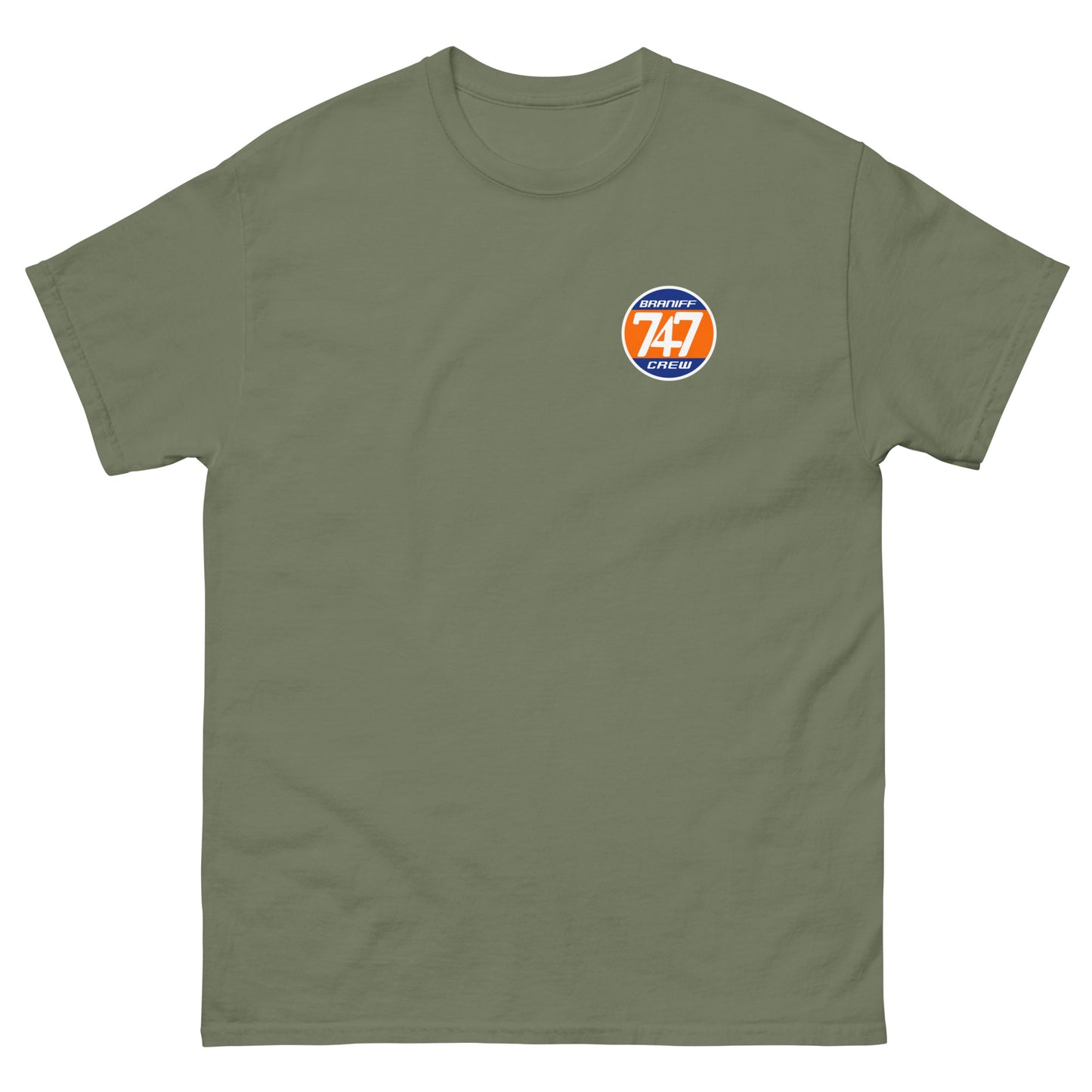 T-Shirt Shirt Short Sleeve by Gildan Men's Women's Braniff Boeing 747 Crew Logo with Jumbo Jet on Shirt Back