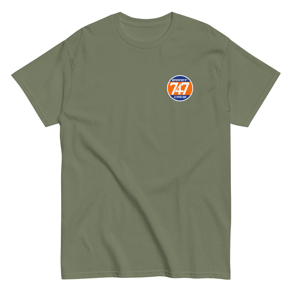 T-Shirt Shirt Short Sleeve by Gildan Men's Women's Braniff Boeing 747 Crew Logo with Jumbo Jet on Shirt Back