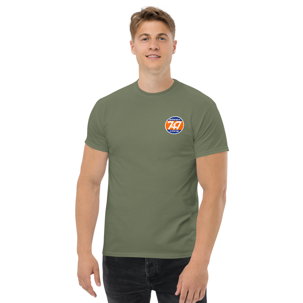T-Shirt Shirt Short Sleeve by Gildan Men's Women's Braniff Boeing 747 Crew Logo with Jumbo Jet on Shirt Back