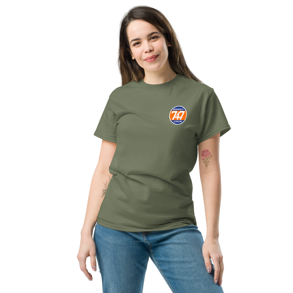 T-Shirt Shirt Short Sleeve by Gildan Men's Women's Braniff Boeing 747 Crew Logo with Jumbo Jet on Shirt Back