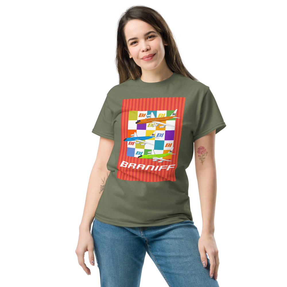T-Shirt Shirt Short Sleeve by Gildan Unisex Braniff McDonnell Douglas DC-8-62 1967 Solid Color Scheme