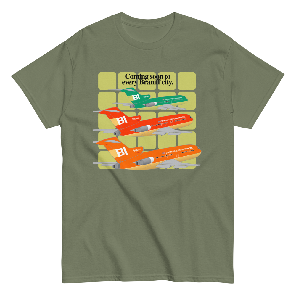 T-Shirt Shirt Short Sleeve Gildan Men's Women's Braniff Boeing 727 Coming Soon