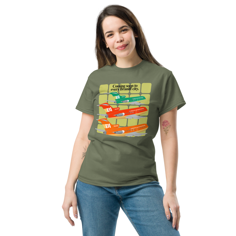 T-Shirt Shirt Short Sleeve Gildan Men's Women's Braniff Boeing 727 Coming Soon