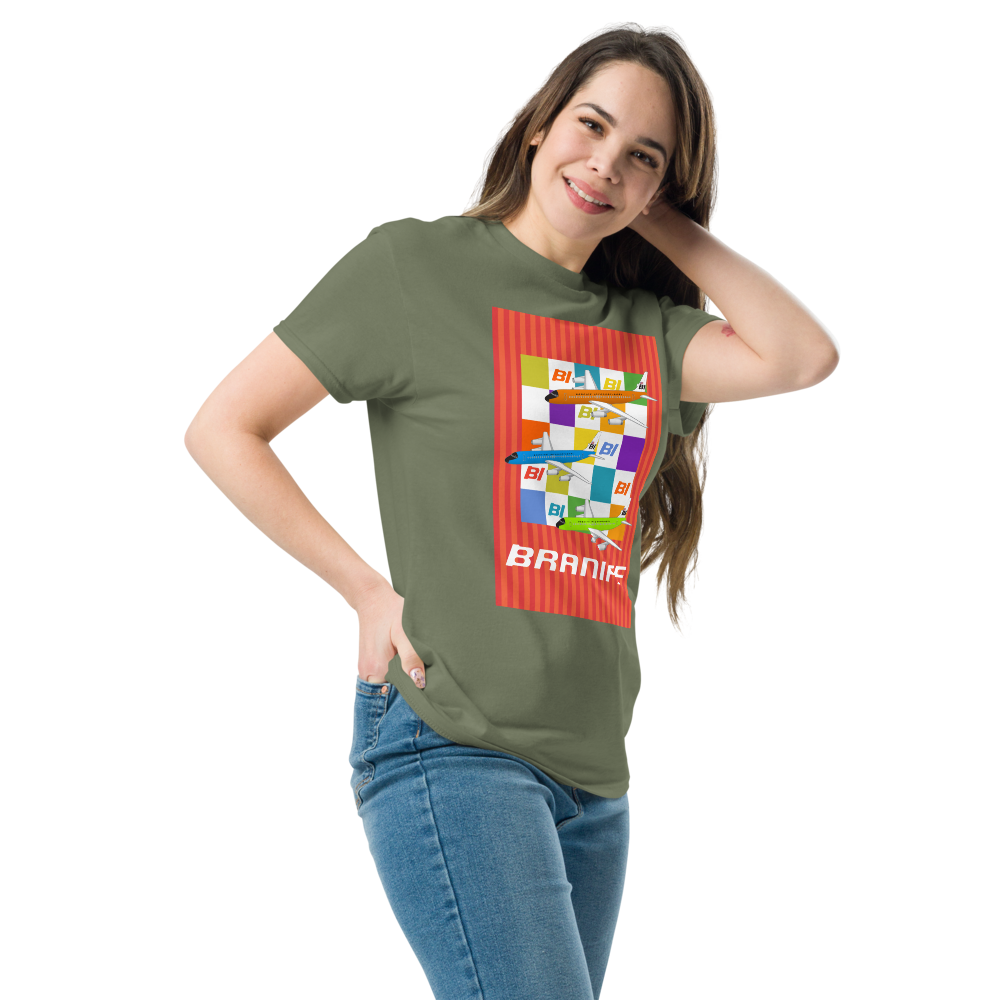 T-Shirt Shirt Short Sleeve by Gildan Unisex Braniff McDonnell Douglas DC-8-62 1967 Solid Color Scheme