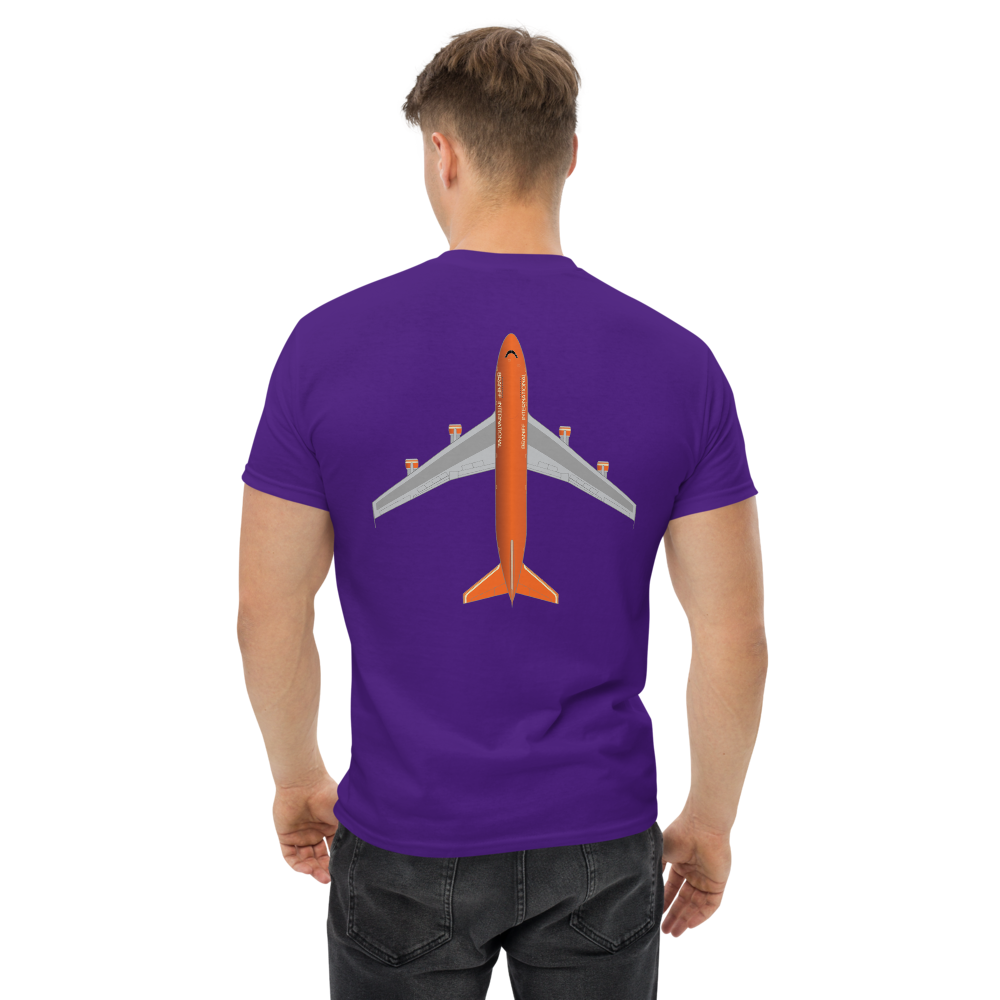 T-Shirt Shirt Short Sleeve by Gildan Men's Women's Braniff Boeing 747 Crew Logo with Jumbo Jet on Shirt Back