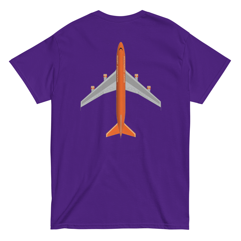 T-Shirt Shirt Short Sleeve by Gildan Men's Women's Braniff Boeing 747 Crew Logo with Jumbo Jet on Shirt Back