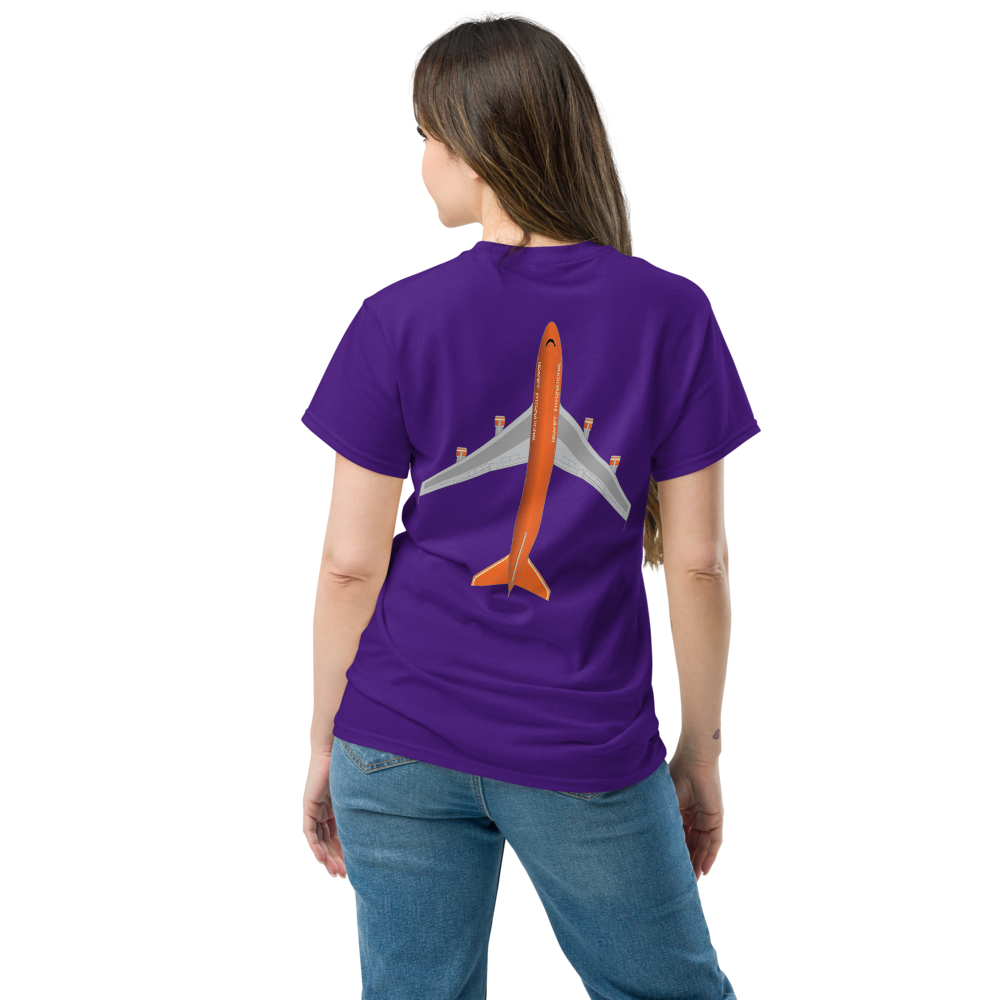 T-Shirt Shirt Short Sleeve by Gildan Men's Women's Braniff Boeing 747 Crew Logo with Jumbo Jet on Shirt Back