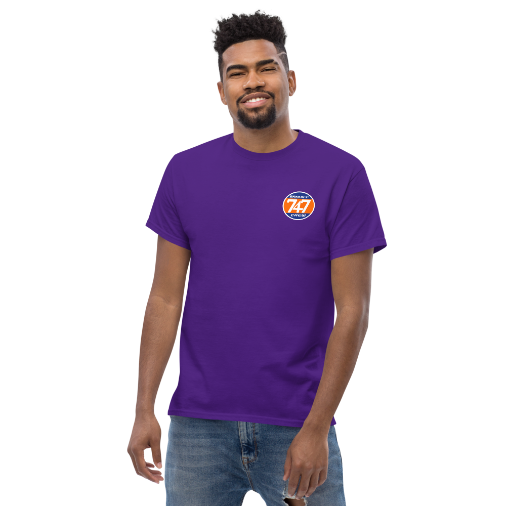 T-Shirt Shirt Short Sleeve by Gildan Men's Women's Braniff Boeing 747 Crew Logo with Jumbo Jet on Shirt Back