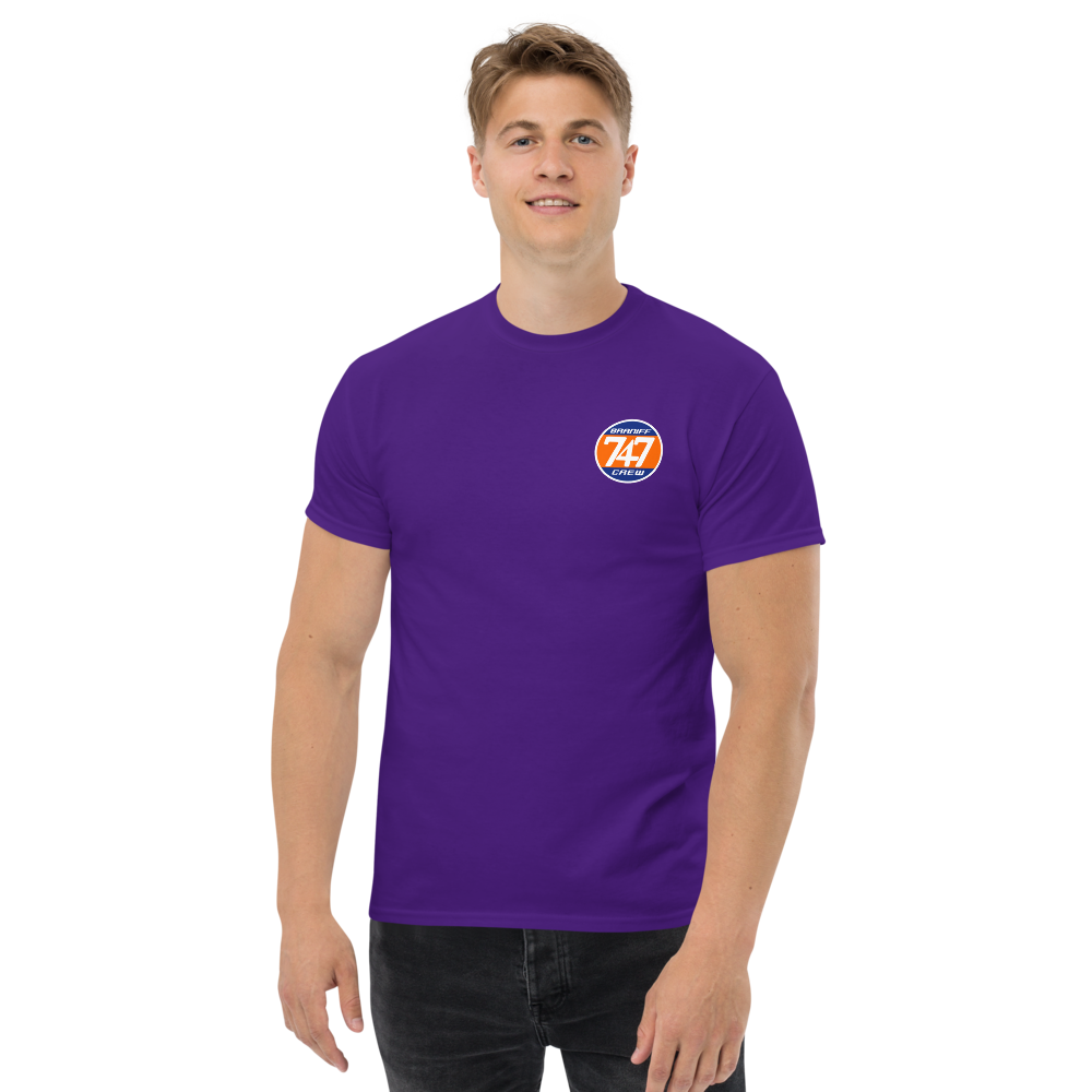 T-Shirt Shirt Short Sleeve by Gildan Men's Women's Braniff Boeing 747 Crew Logo with Jumbo Jet on Shirt Back