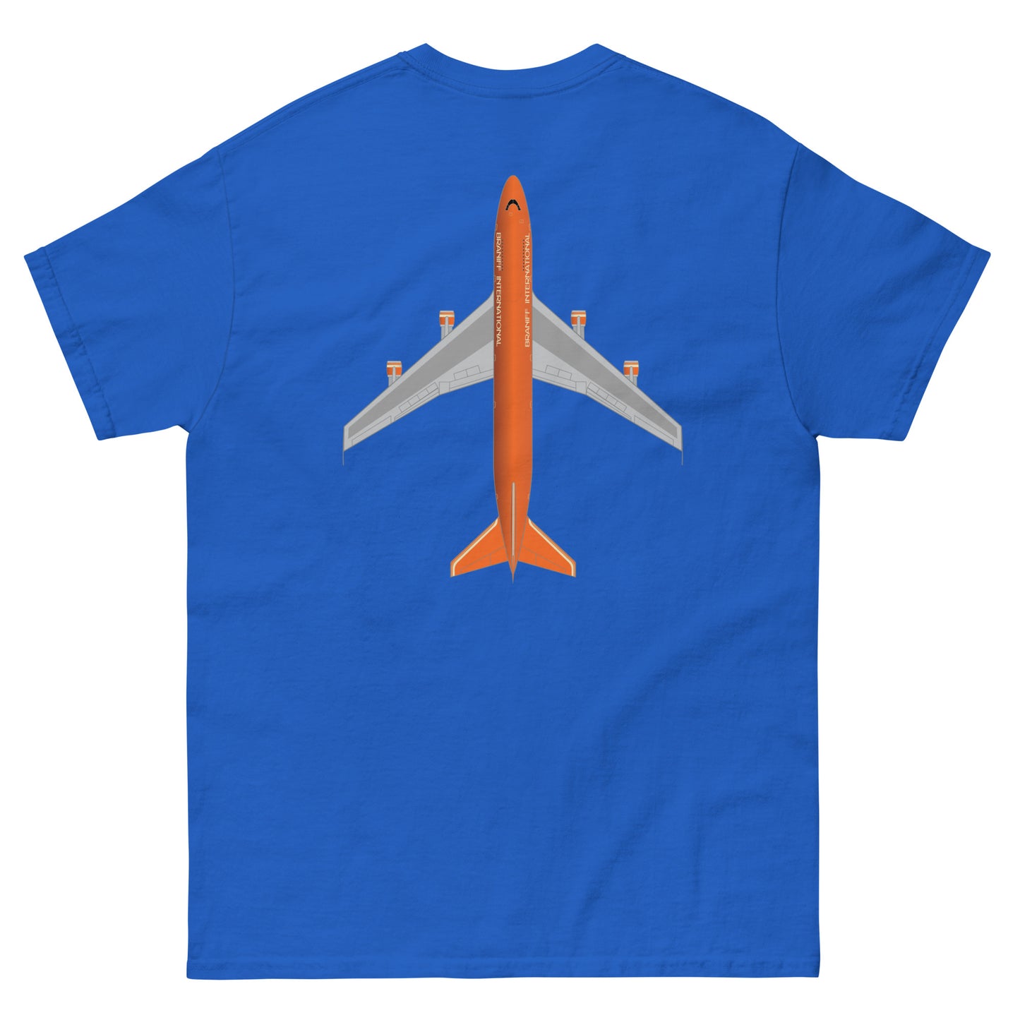 T-Shirt Shirt Short Sleeve by Gildan Men's Women's Braniff Boeing 747 Crew Logo with Jumbo Jet on Shirt Back