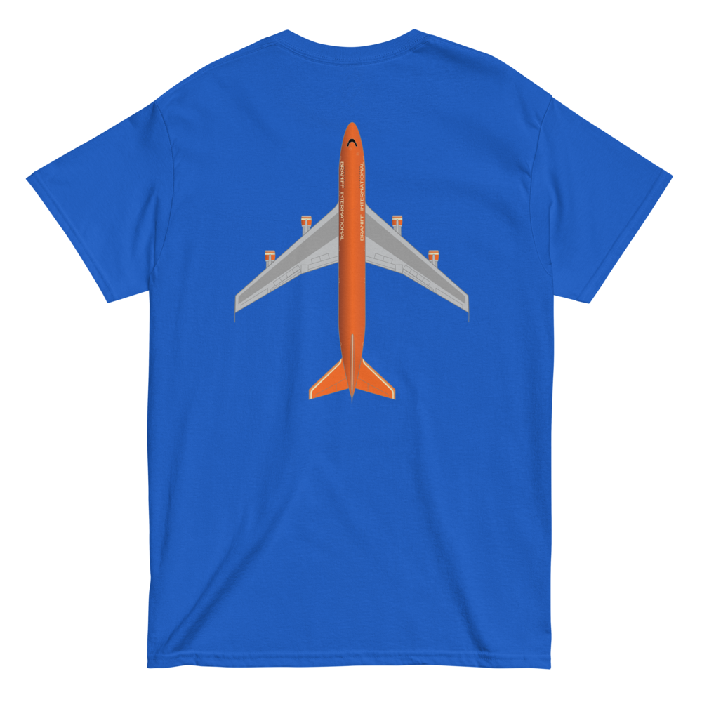 T-Shirt Shirt Short Sleeve by Gildan Men's Women's Braniff Boeing 747 Crew Logo with Jumbo Jet on Shirt Back
