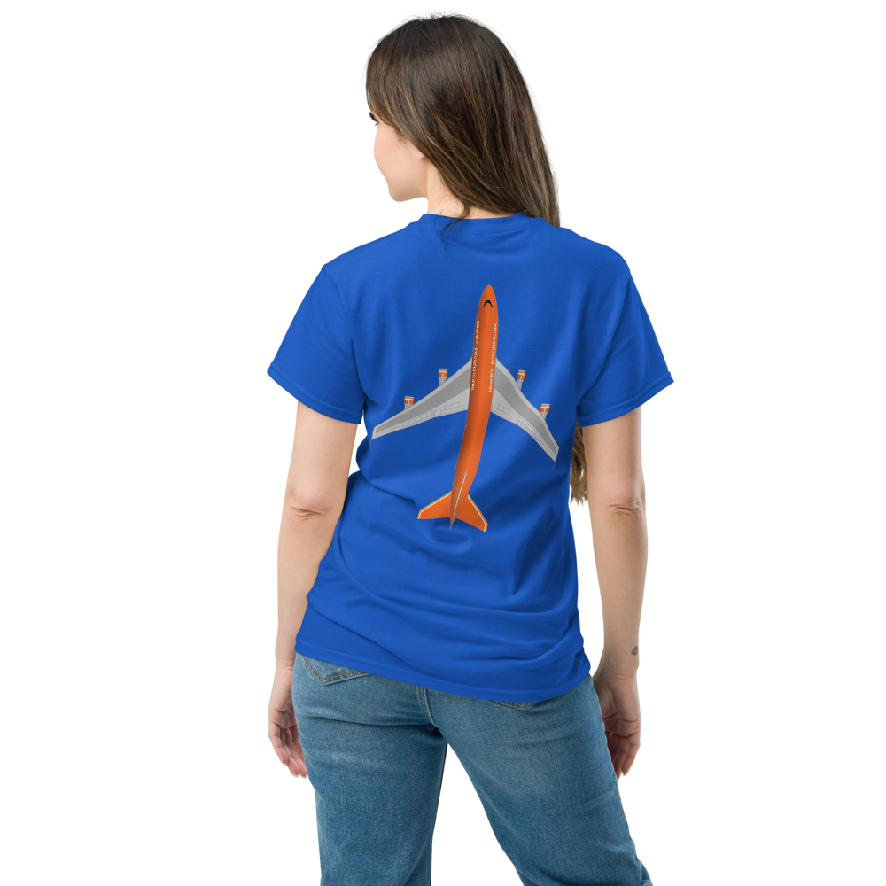 T-Shirt Shirt Short Sleeve by Gildan Men's Women's Braniff Boeing 747 Crew Logo with Jumbo Jet on Shirt Back