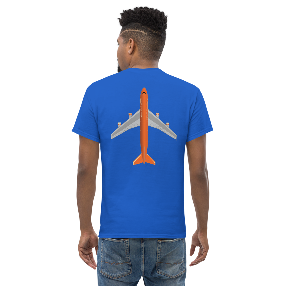 T-Shirt Shirt Short Sleeve by Gildan Men's Women's Braniff Boeing 747 Crew Logo with Jumbo Jet on Shirt Back