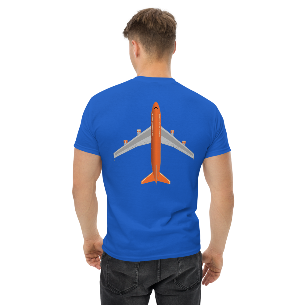 T-Shirt Shirt Short Sleeve by Gildan Men's Women's Braniff Boeing 747 Crew Logo with Jumbo Jet on Shirt Back