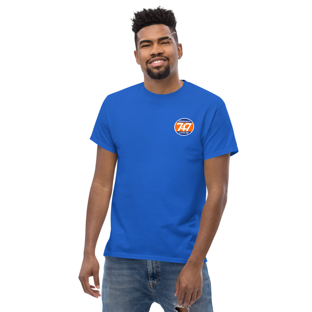 T-Shirt Shirt Short Sleeve by Gildan Men's Women's Braniff Boeing 747 Crew Logo with Jumbo Jet on Shirt Back