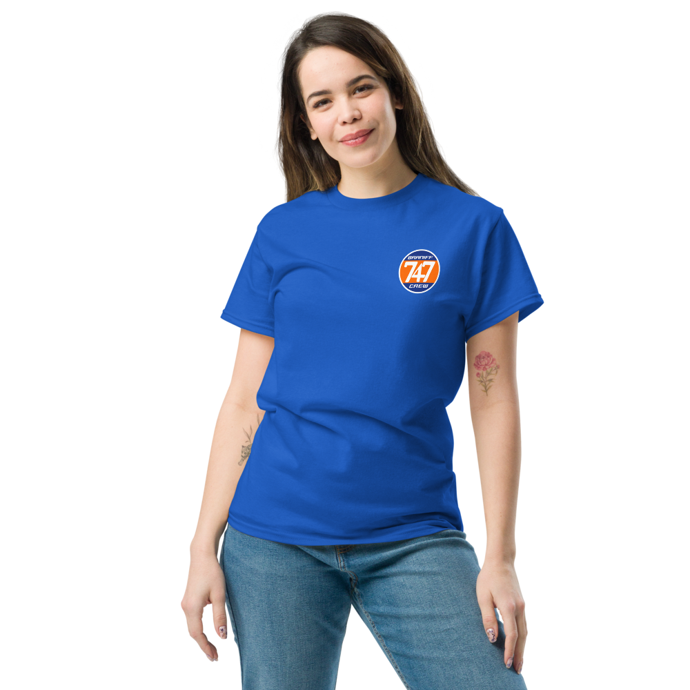 T-Shirt Shirt Short Sleeve by Gildan Men's Women's Braniff Boeing 747 Crew Logo with Jumbo Jet on Shirt Back