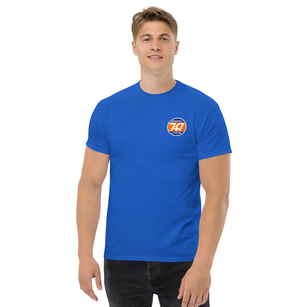 T-Shirt Shirt Short Sleeve by Gildan Men's Women's Braniff Boeing 747 Crew Logo with Jumbo Jet on Shirt Back