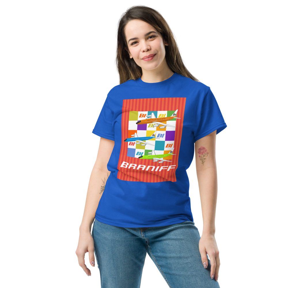 T-Shirt Shirt Short Sleeve by Gildan Unisex Braniff McDonnell Douglas DC-8-62 1967 Solid Color Scheme
