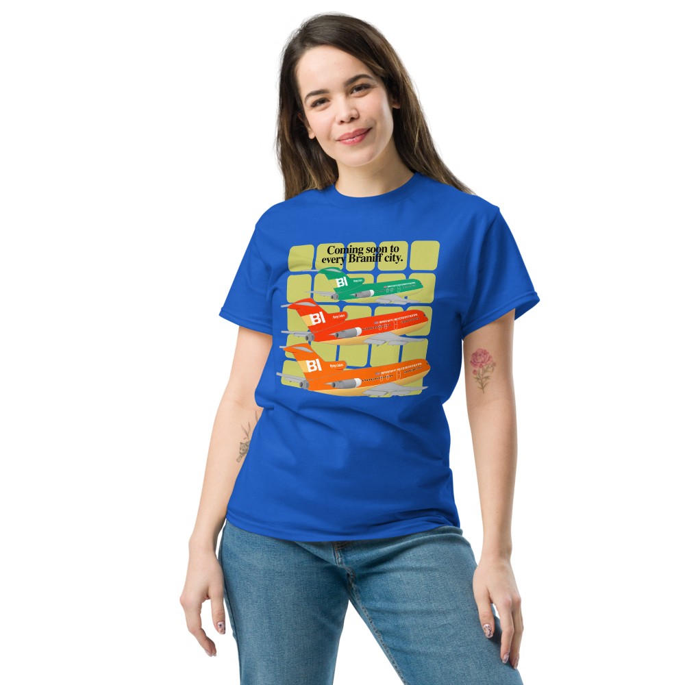 T-Shirt Shirt Short Sleeve Gildan Men's Women's Braniff Boeing 727 Coming Soon