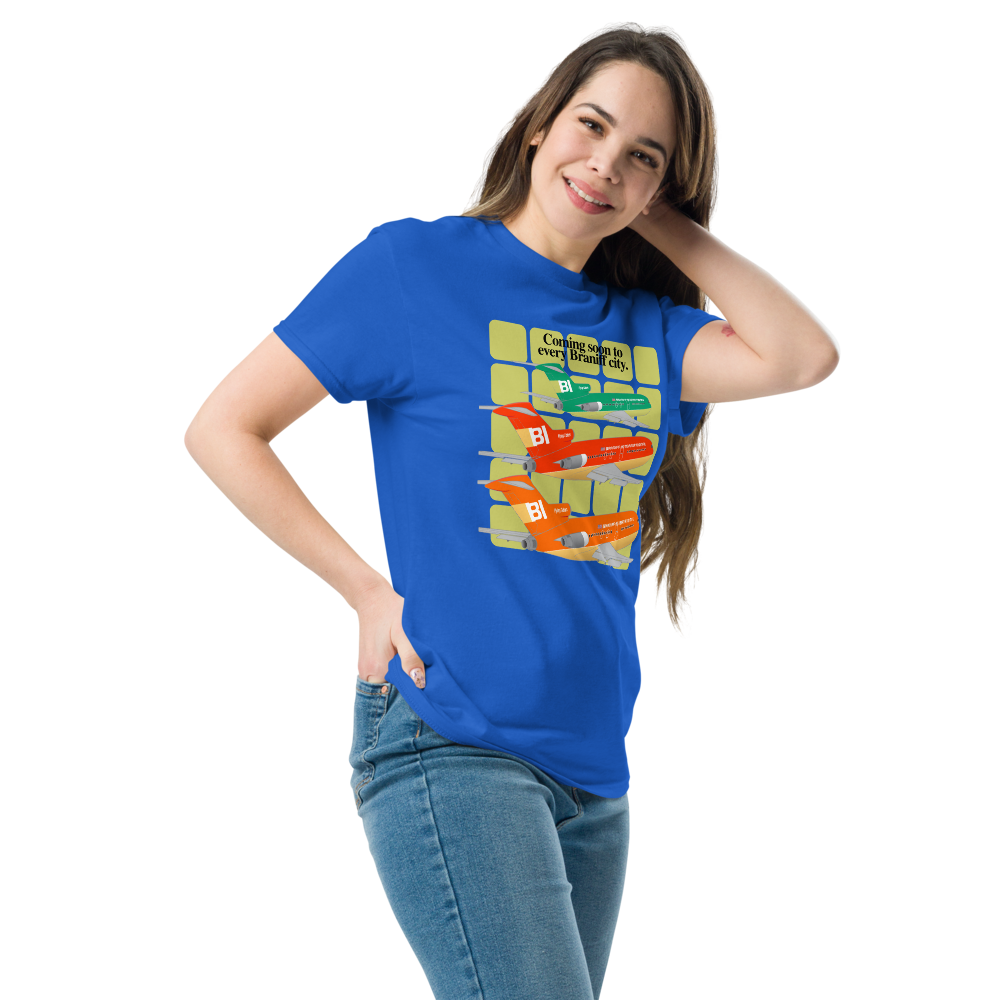 T-Shirt Shirt Short Sleeve Gildan Men's Women's Braniff Boeing 727 Coming Soon
