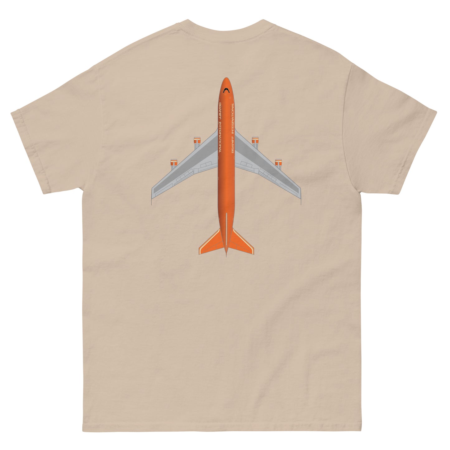 T-Shirt Shirt Short Sleeve by Gildan Men's Women's Braniff Boeing 747 Crew Logo with Jumbo Jet on Shirt Back