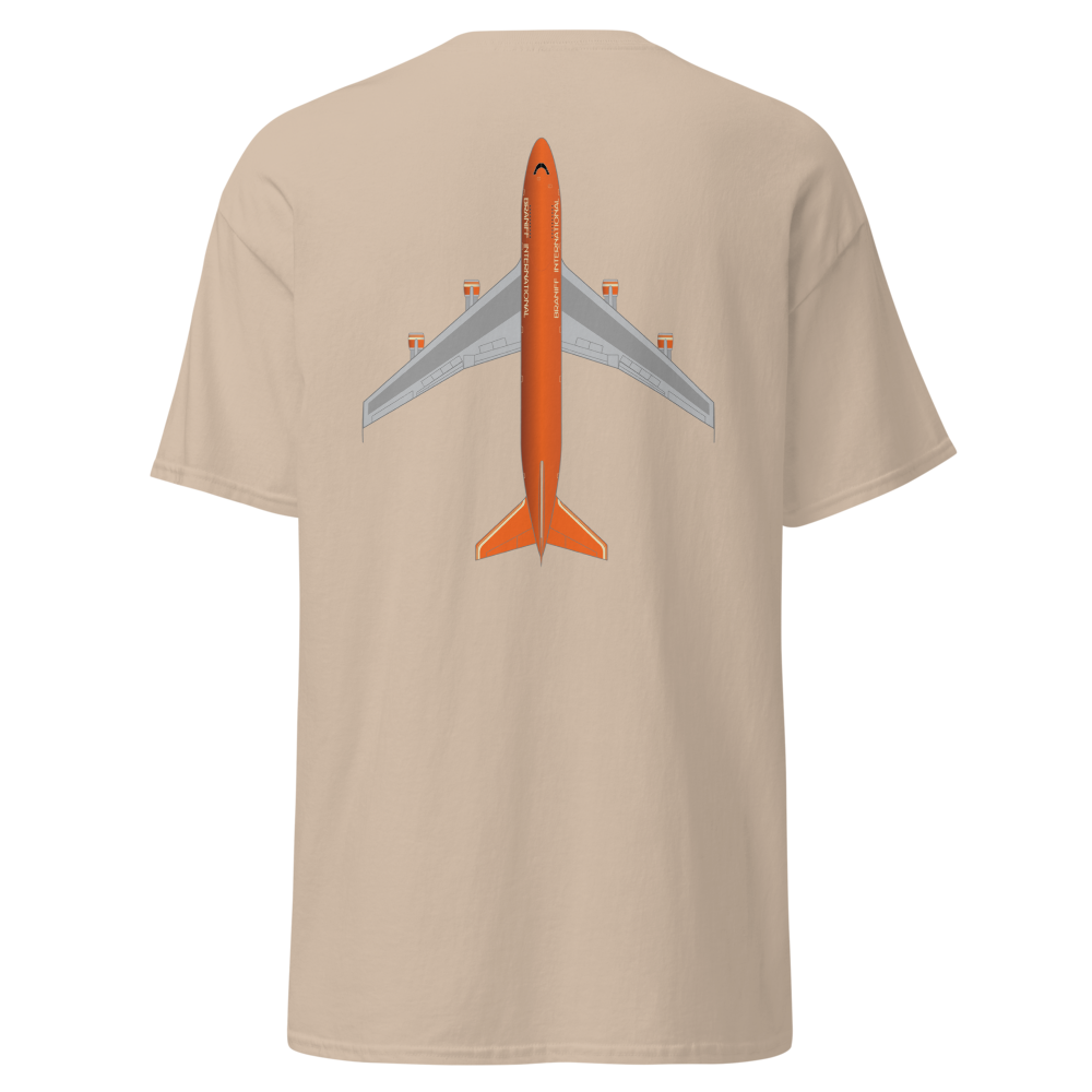 T-Shirt Shirt Short Sleeve by Gildan Men's Women's Braniff Boeing 747 Crew Logo with Jumbo Jet on Shirt Back