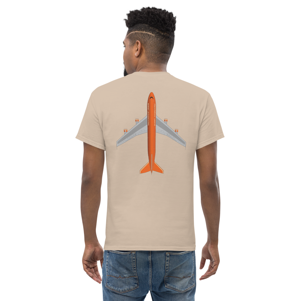 T-Shirt Shirt Short Sleeve by Gildan Men's Women's Braniff Boeing 747 Crew Logo with Jumbo Jet on Shirt Back