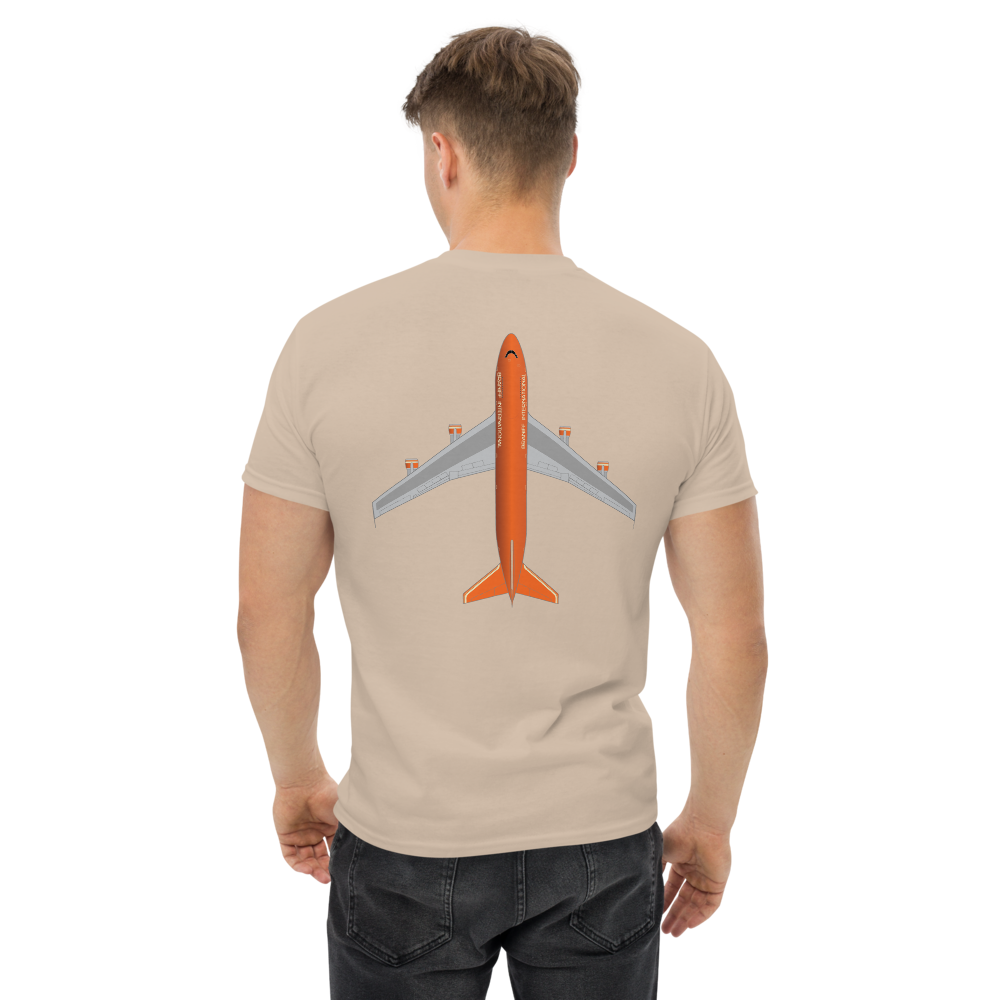 T-Shirt Shirt Short Sleeve by Gildan Men's Women's Braniff Boeing 747 Crew Logo with Jumbo Jet on Shirt Back