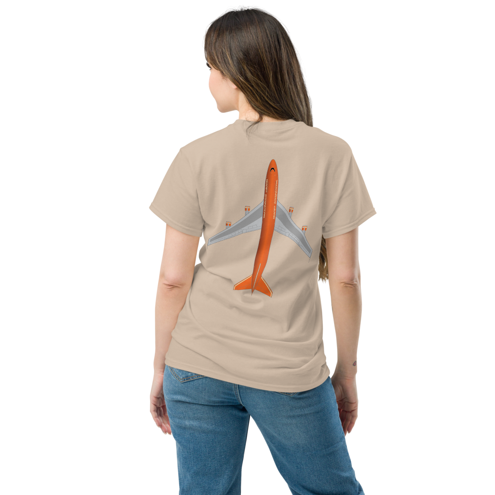 T-Shirt Shirt Short Sleeve by Gildan Men's Women's Braniff Boeing 747 Crew Logo with Jumbo Jet on Shirt Back