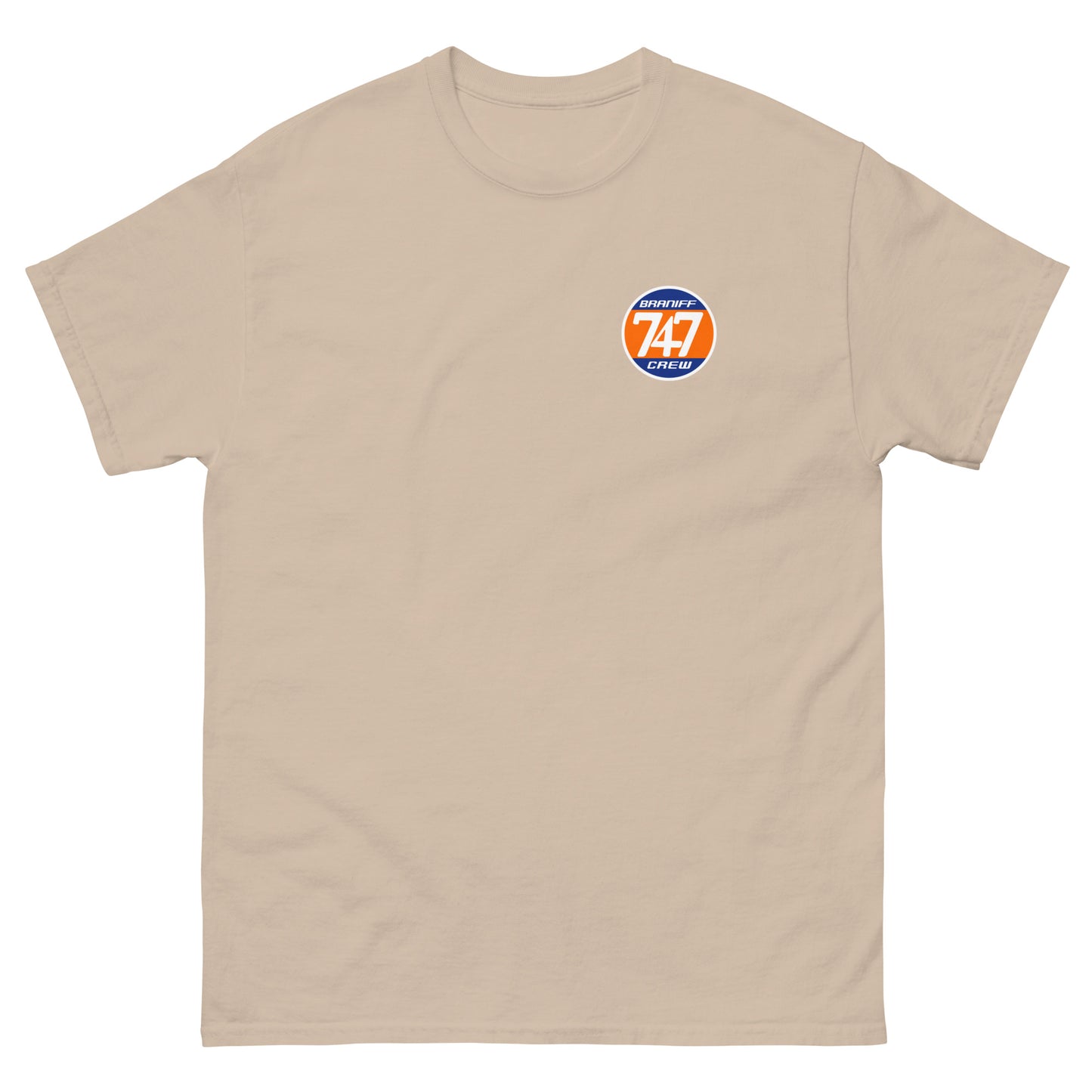 T-Shirt Shirt Short Sleeve by Gildan Men's Women's Braniff Boeing 747 Crew Logo with Jumbo Jet on Shirt Back