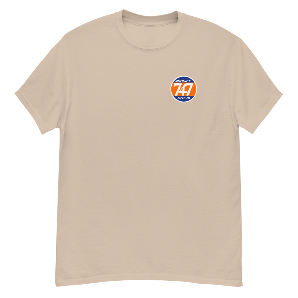 T-Shirt Shirt Short Sleeve by Gildan Men's Women's Braniff Boeing 747 Crew Logo with Jumbo Jet on Shirt Back