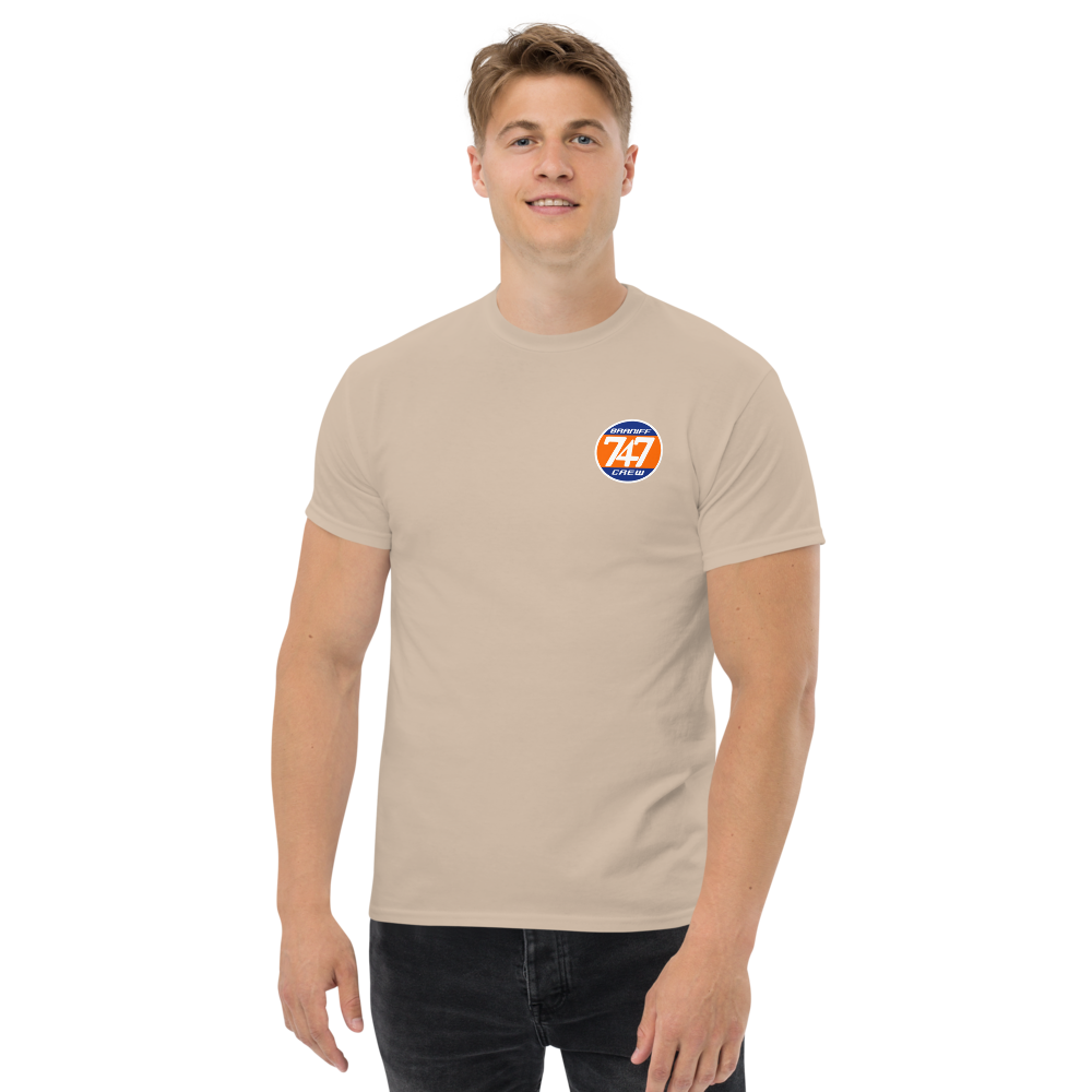 T-Shirt Shirt Short Sleeve by Gildan Men's Women's Braniff Boeing 747 Crew Logo with Jumbo Jet on Shirt Back