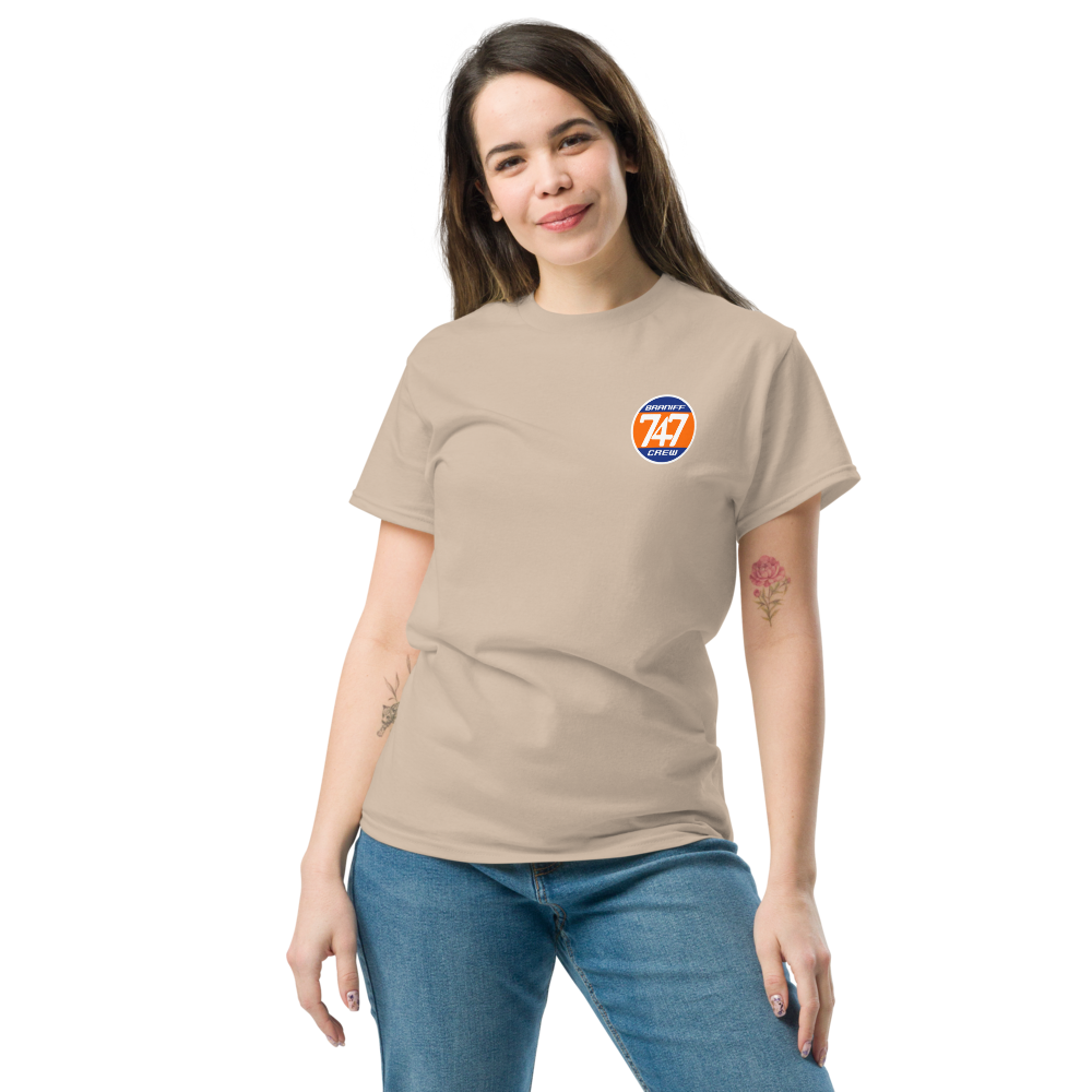 T-Shirt Shirt Short Sleeve by Gildan Men's Women's Braniff Boeing 747 Crew Logo with Jumbo Jet on Shirt Back